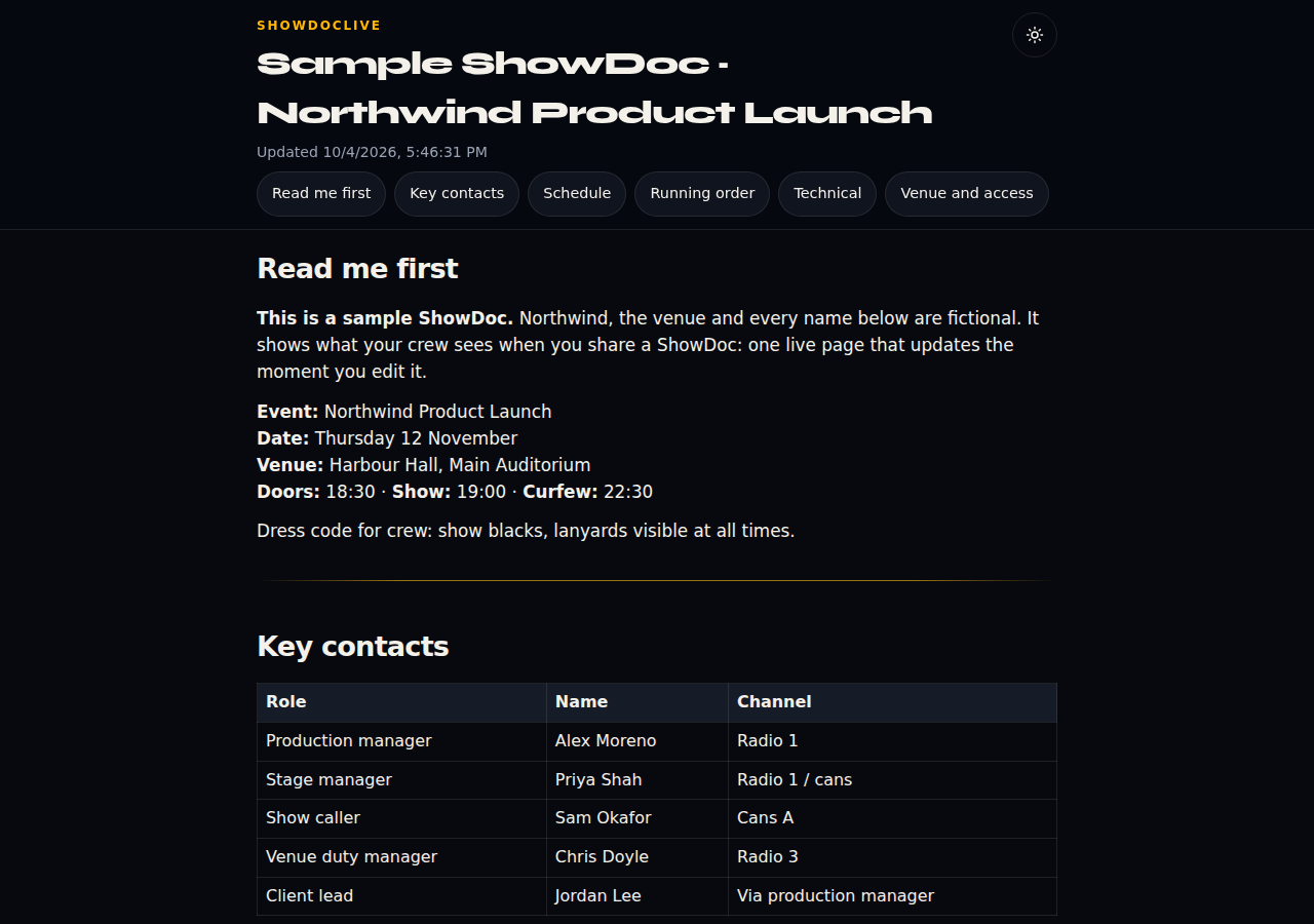 Wide view of the Northwind crew show doc with section navigation, a short brief and a contacts table