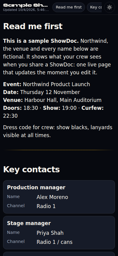 Phone screen of a live crew show doc: event, date, venue, doors and contact cards