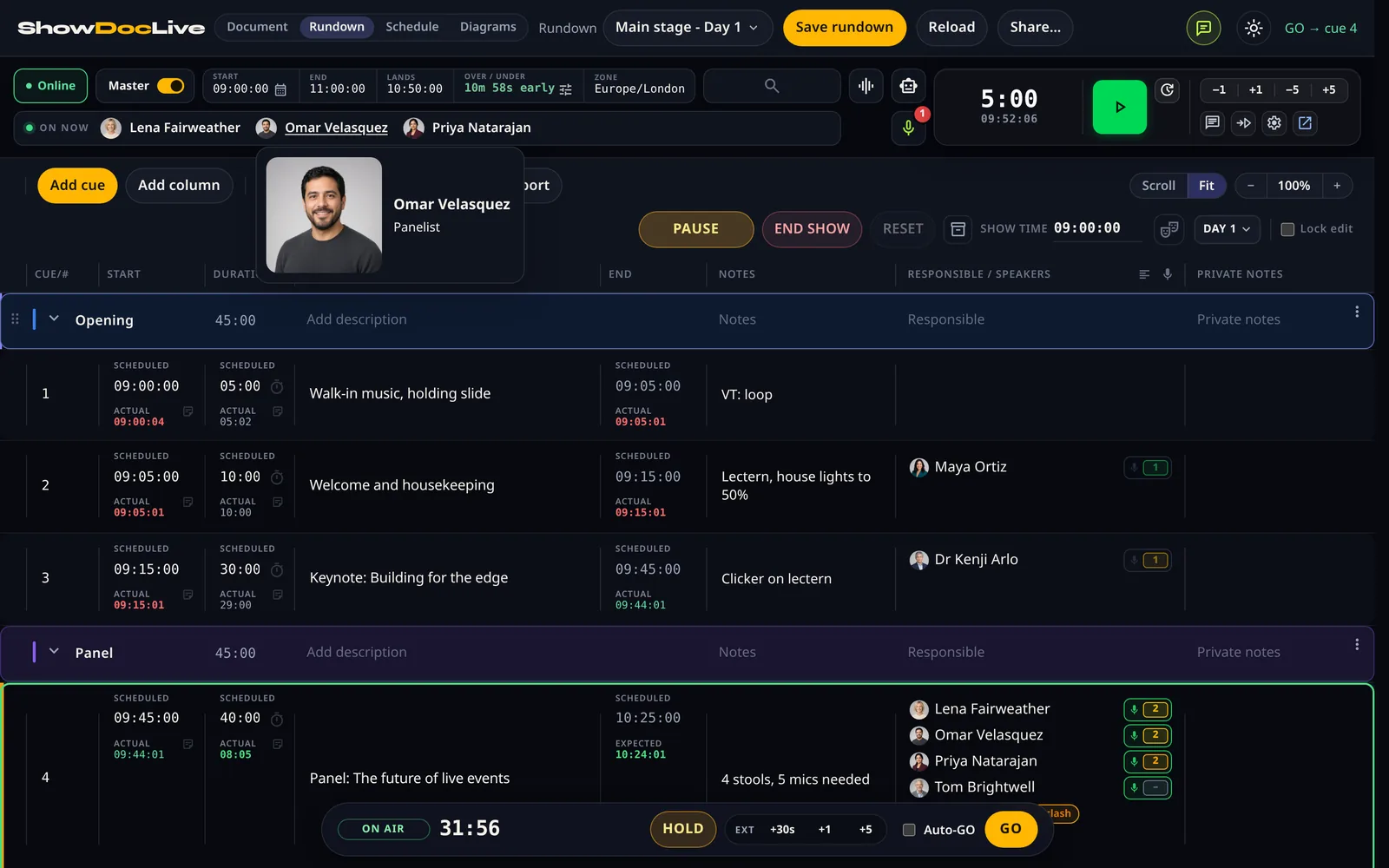 Live rundown with the pointer on Omar Velasquez in the On now strip at the top, opening a larger card with his photo and role while the panel cue is on air