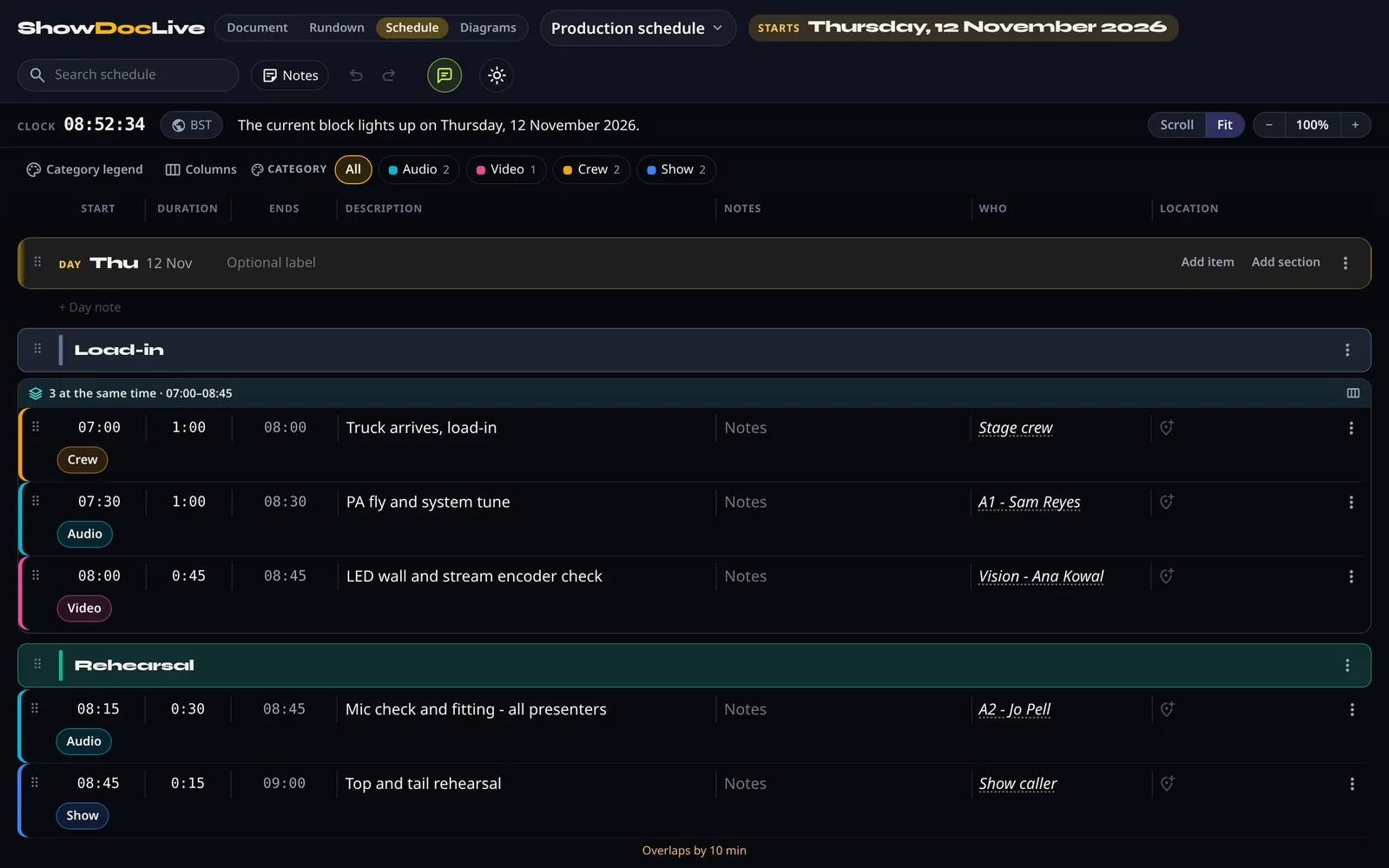 Production schedule for Thursday 12 November with Load-in and Rehearsal sections, Audio, Video, Crew and Show category filters, and who is on each item